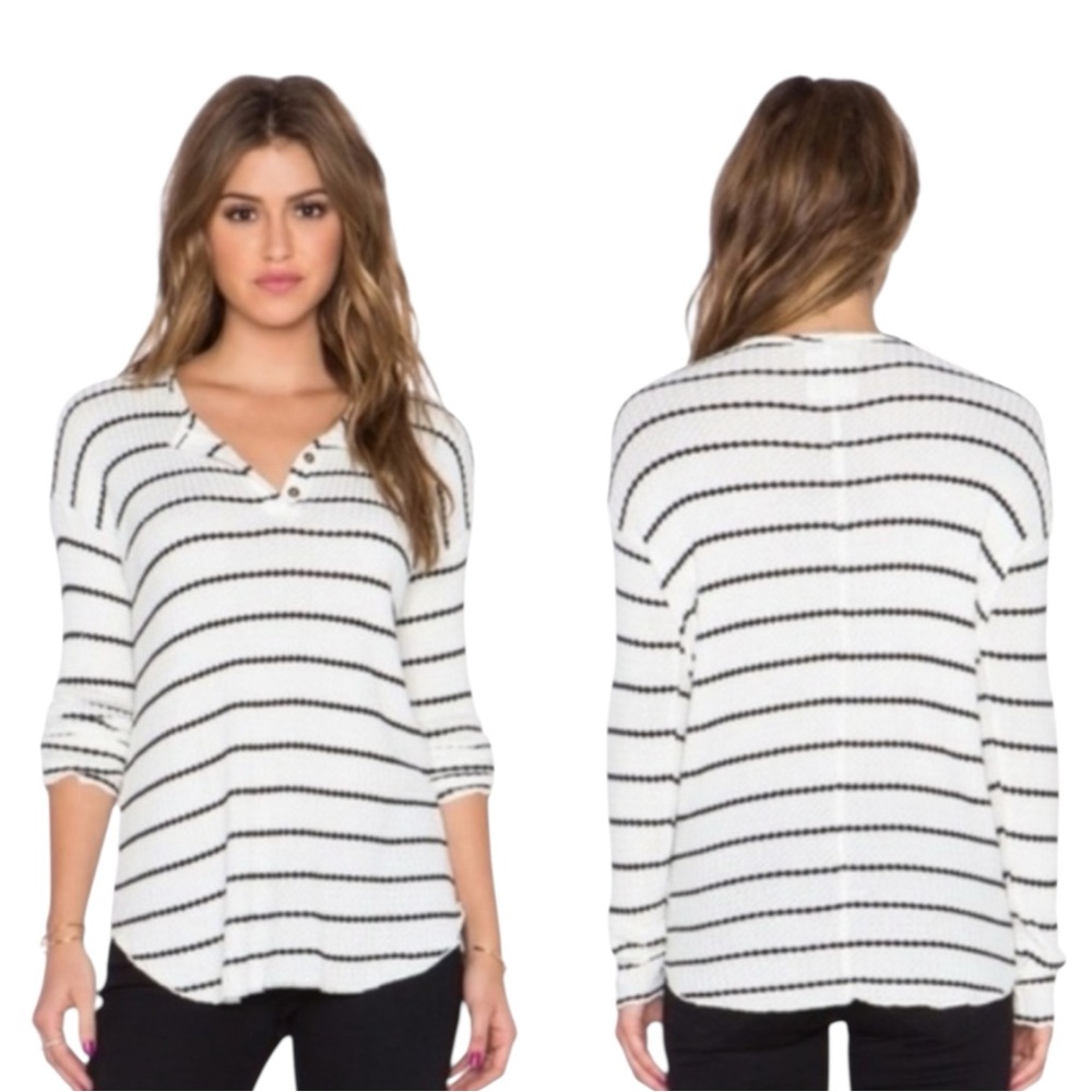 CHASER Thermal Henley Waffle Knit Oversized Striped Long Sleeve Shirt Size M